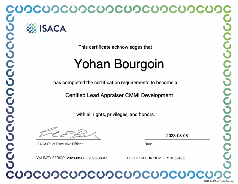 Certificat Lead Appraiser CMMI Development Yohan